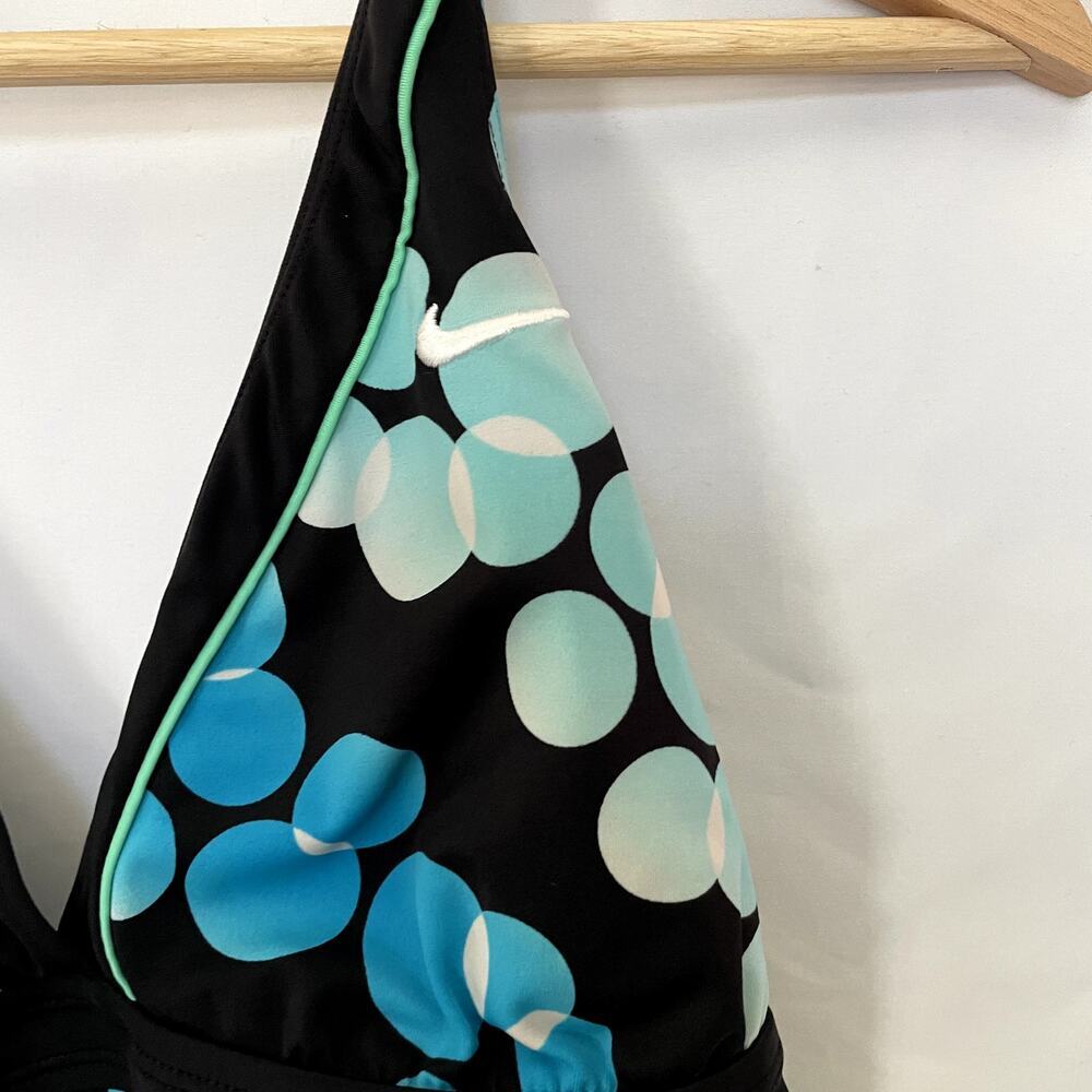 Nike halter neck swimsuit top black blue circles padded bra women's size M nylon - Picture 2 of 6